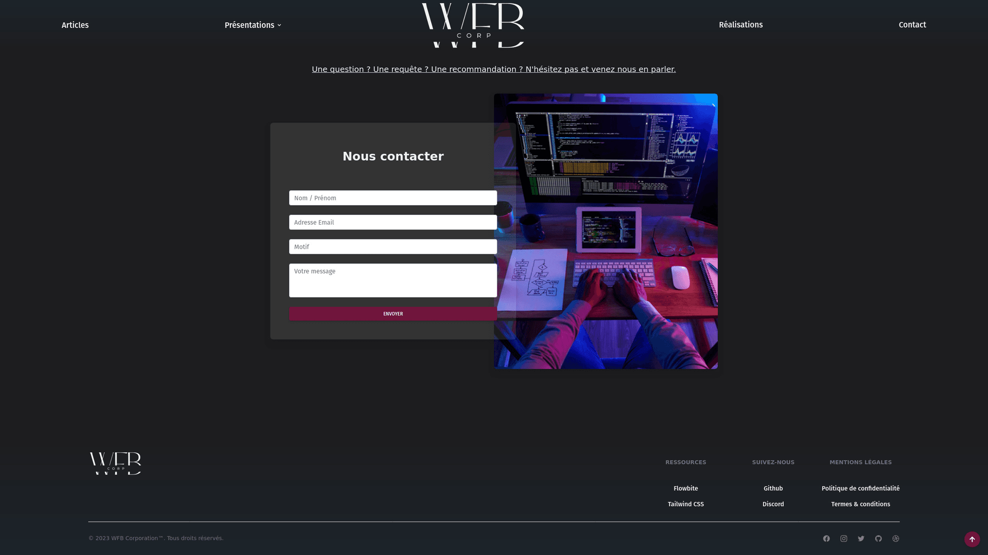 WFB Corp — Contact — formulaire + carte