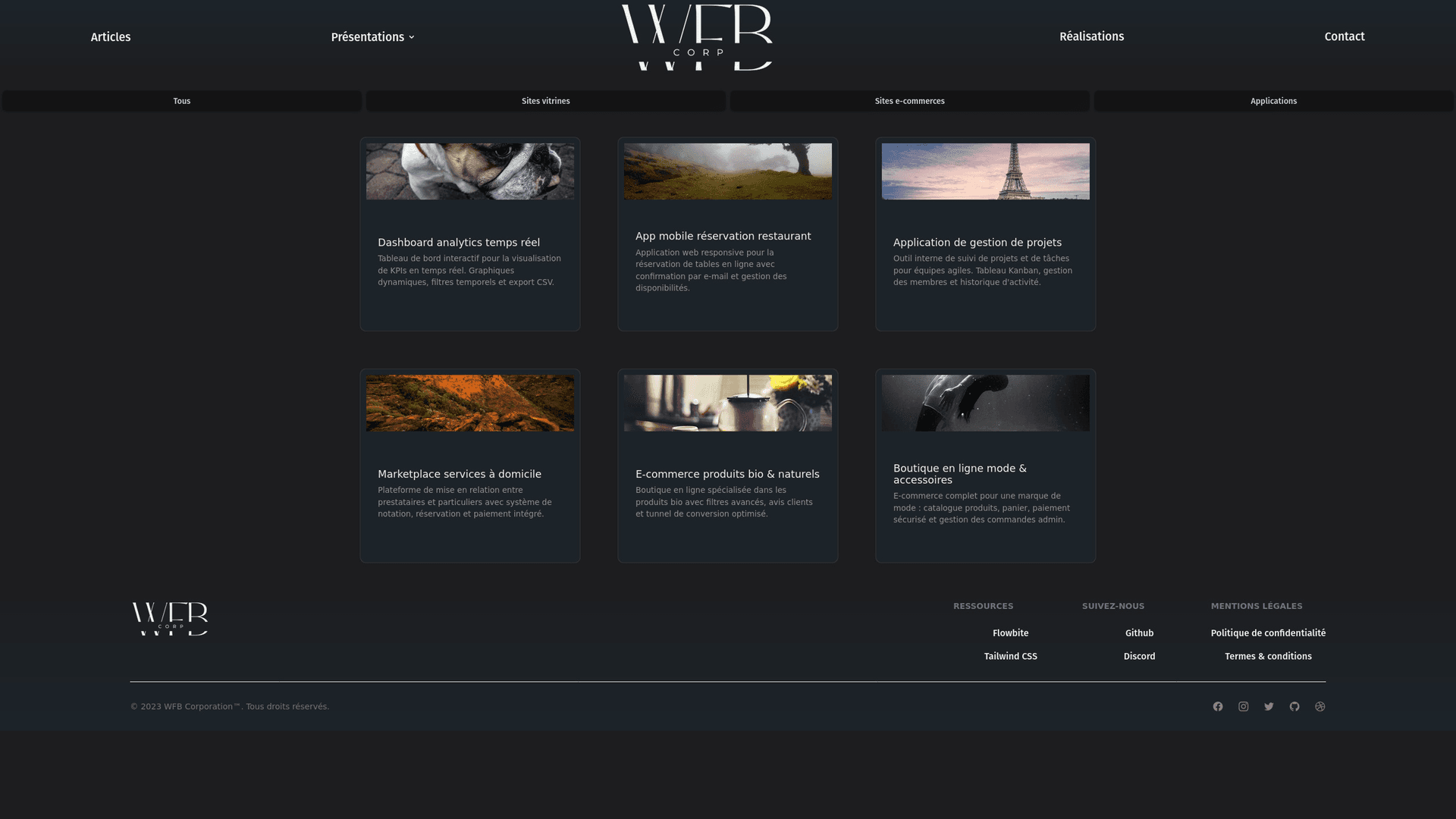 WFB Corp — Réalisations — filtres catégories