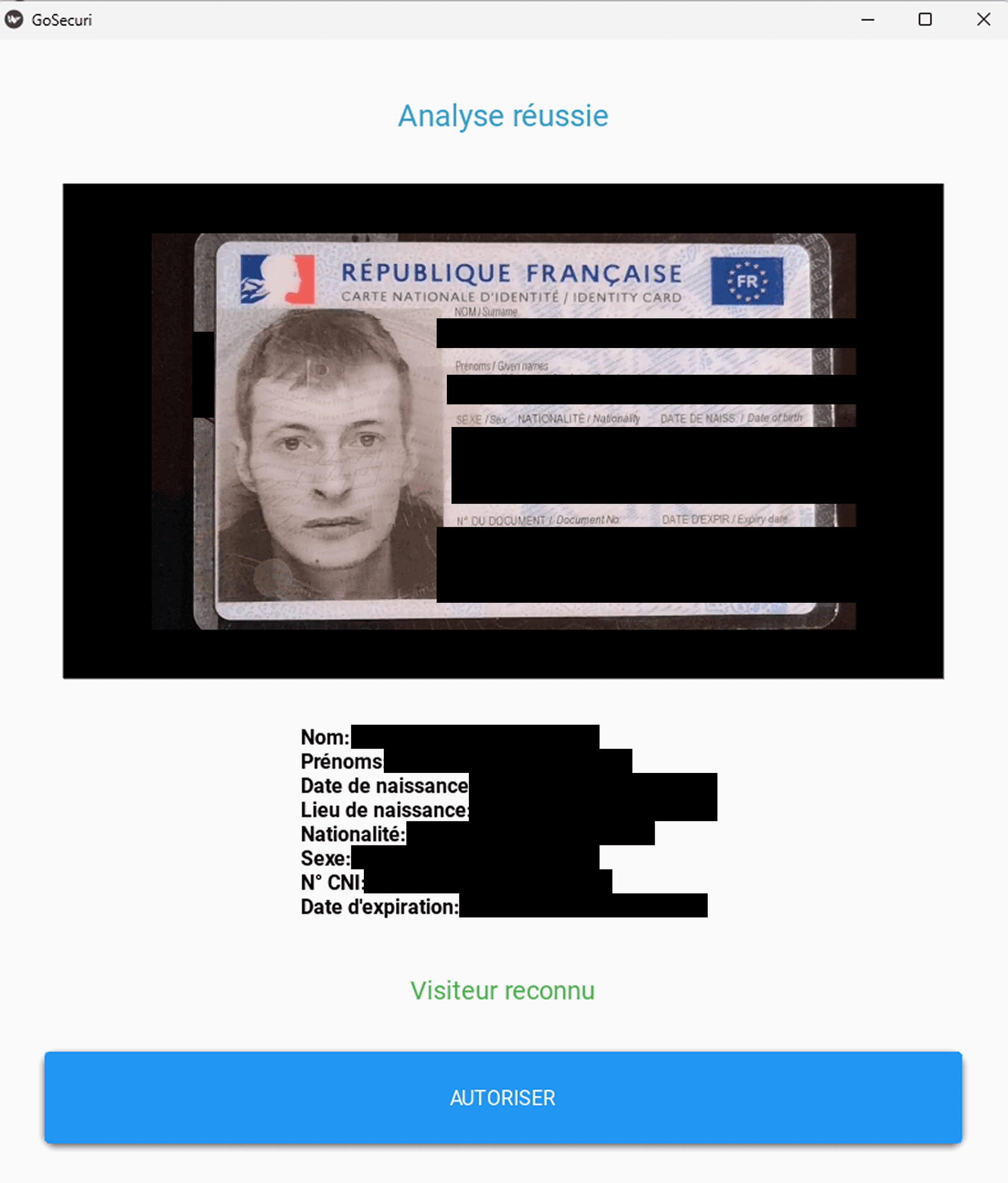 GoSecuri CNI — Visiteur reconnu — accès autorisé