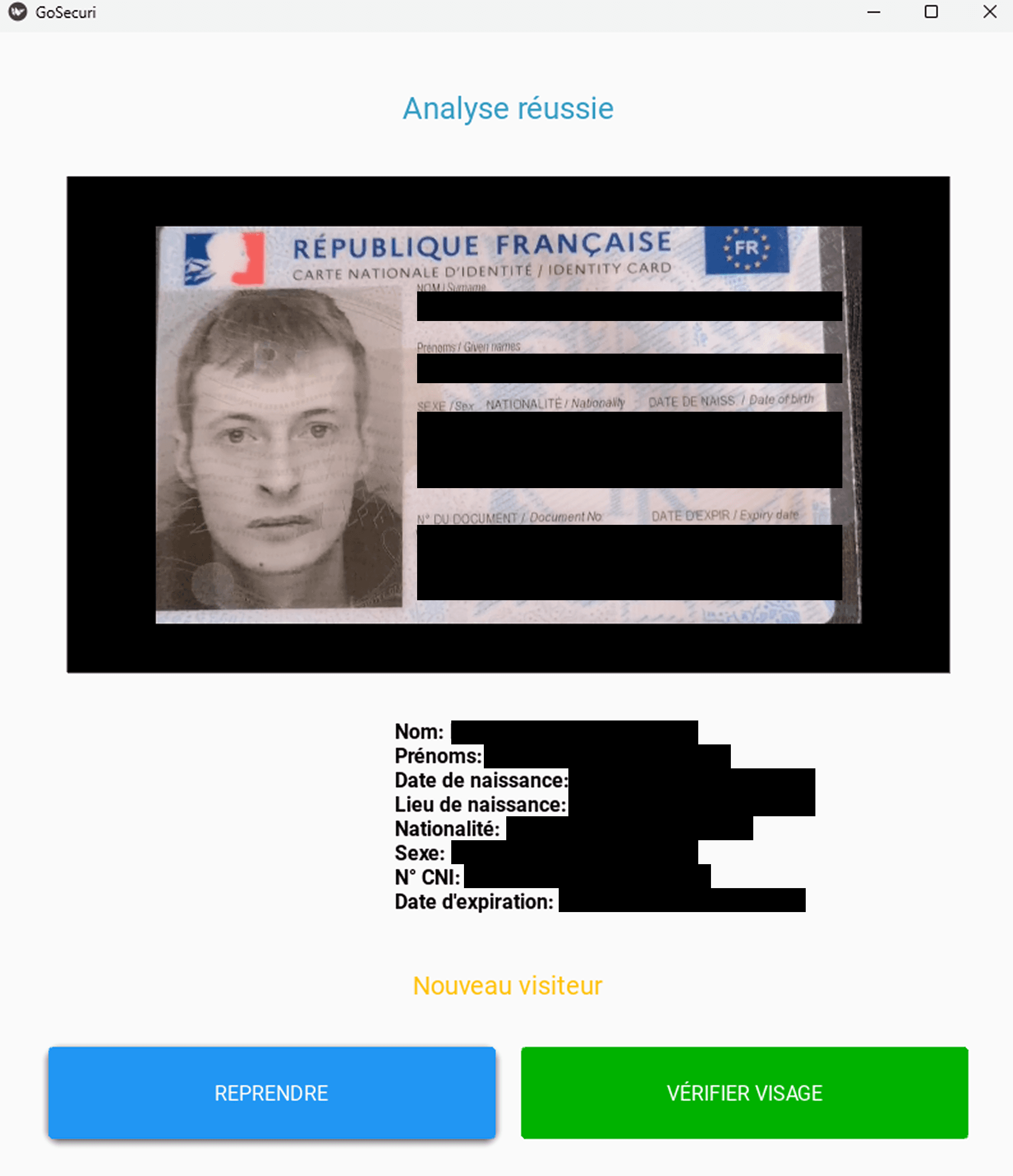 GoSecuri CNI — Résultat scan, nouveau visiteur