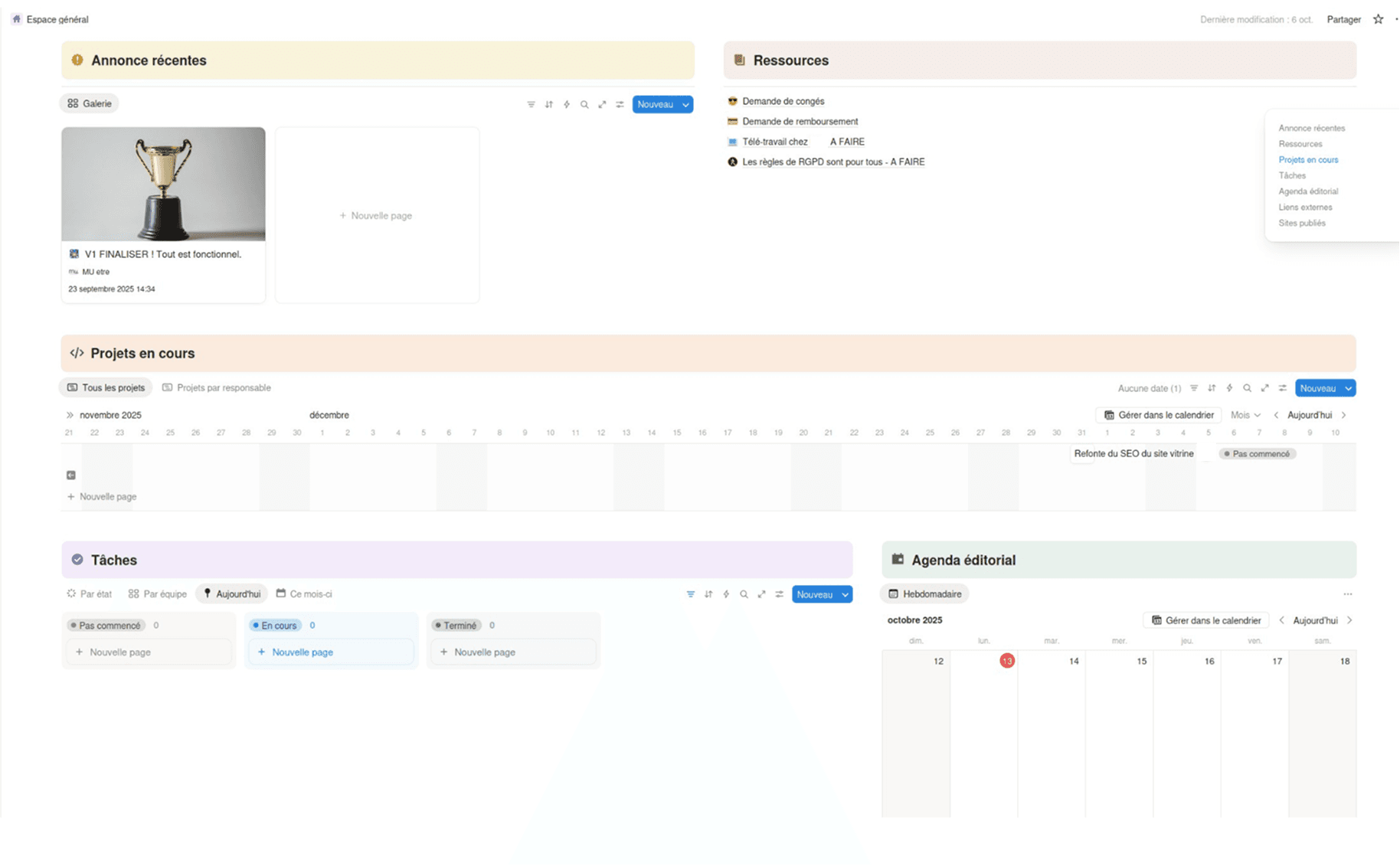 Page d'accueil du hub Notion